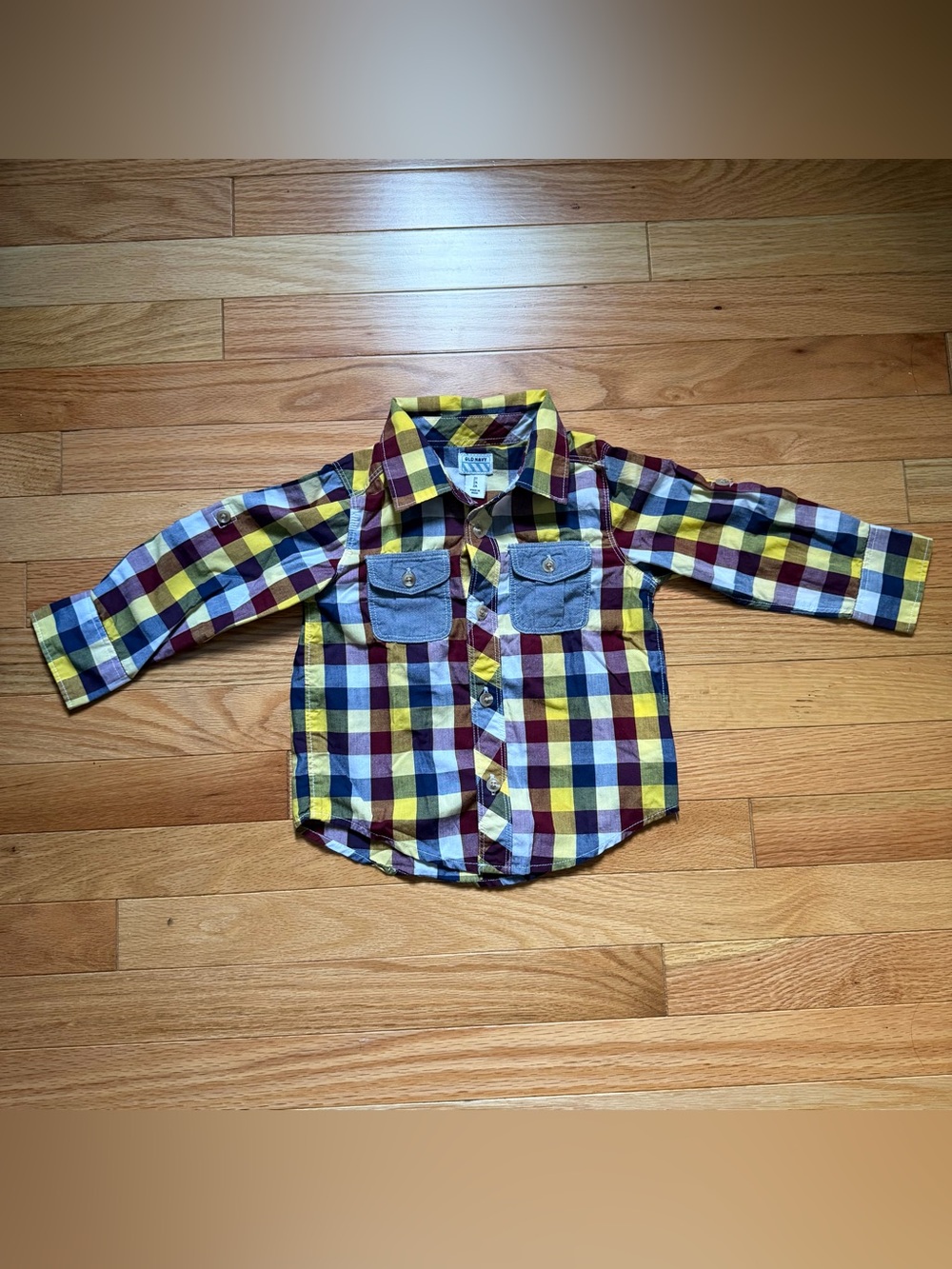 Old Navy Plaid Button-Down Shirt in Yellow, Red & Blue with Chambray Pockets
